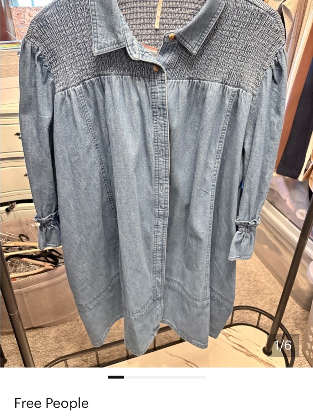 Free People Light Blue Denim Smocked Yoke Button-Front Dress